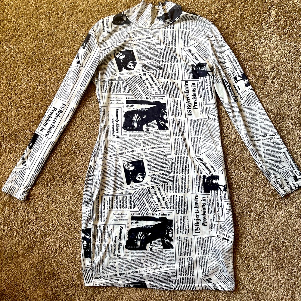 Shein newspaper printed long sleeve dress